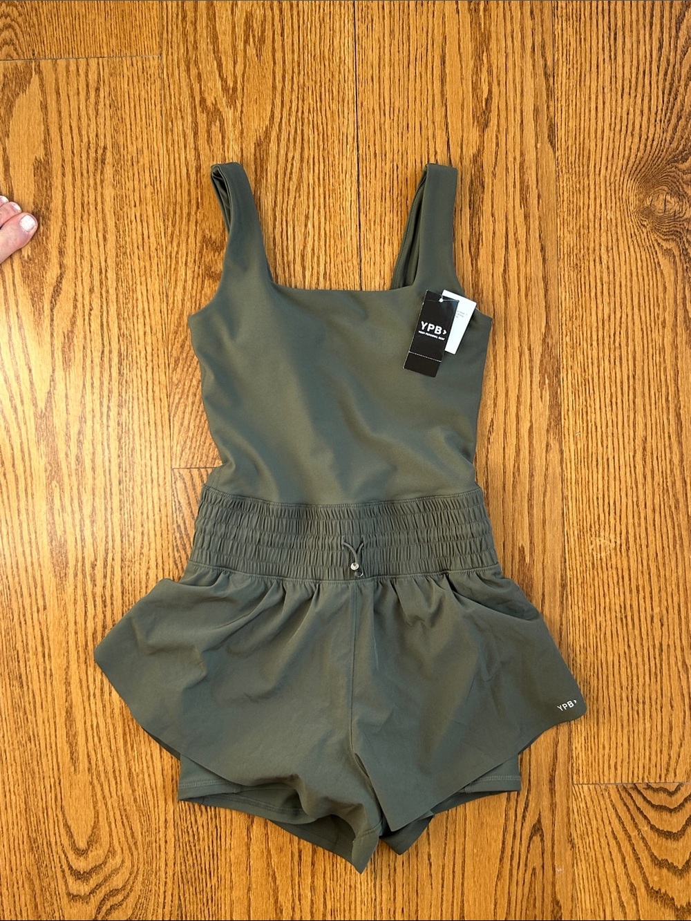 YPB Olive Green women’s XS Athletic Romper with Smocked Waist
